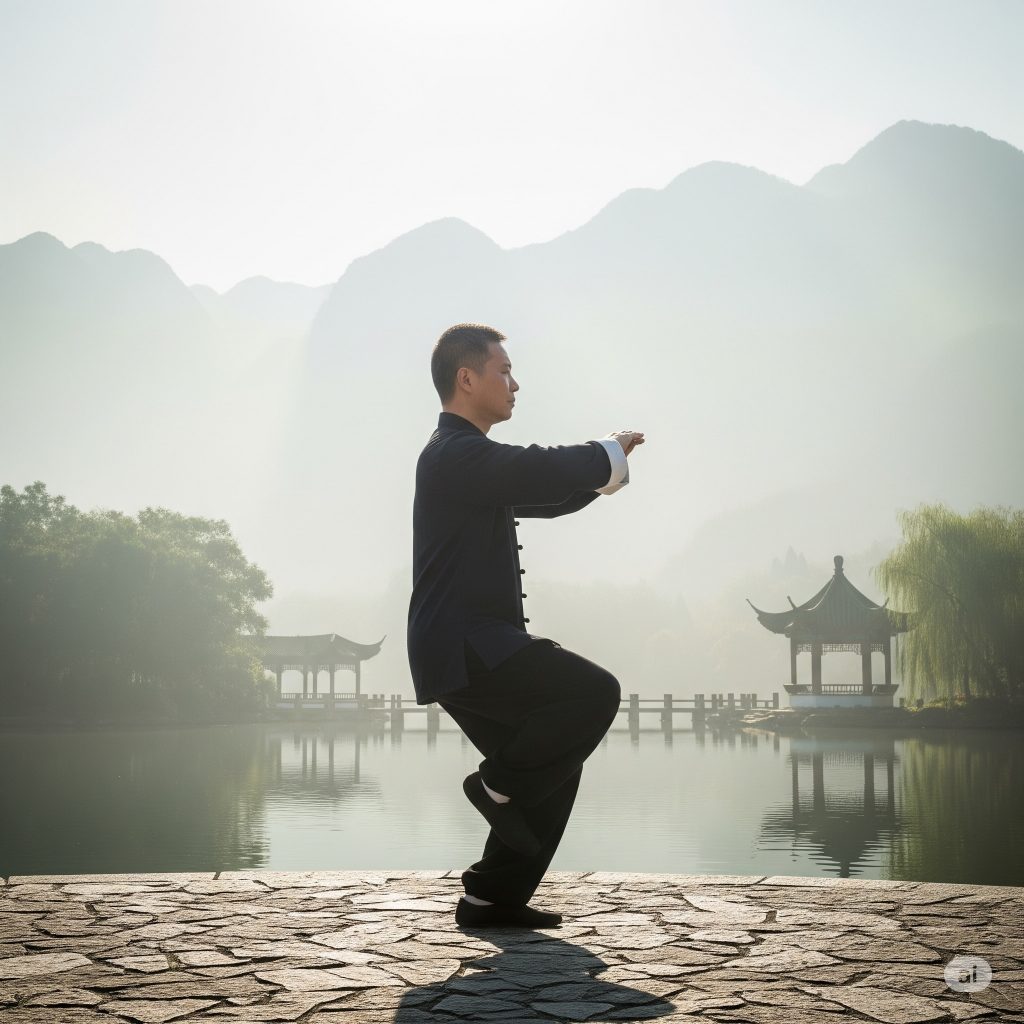 Pratiquant de Qi Gong à Marolles-en-Hurepoix, posture d’équilibre au bord de l’eau pour énergie et bien-être