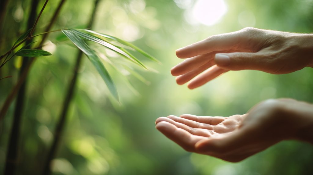 Mains ouvertes en harmonie avec la nature, symbole de l’énergie vitale et de la pratique du Qi Gong à Marolles-en-Hurepoix
