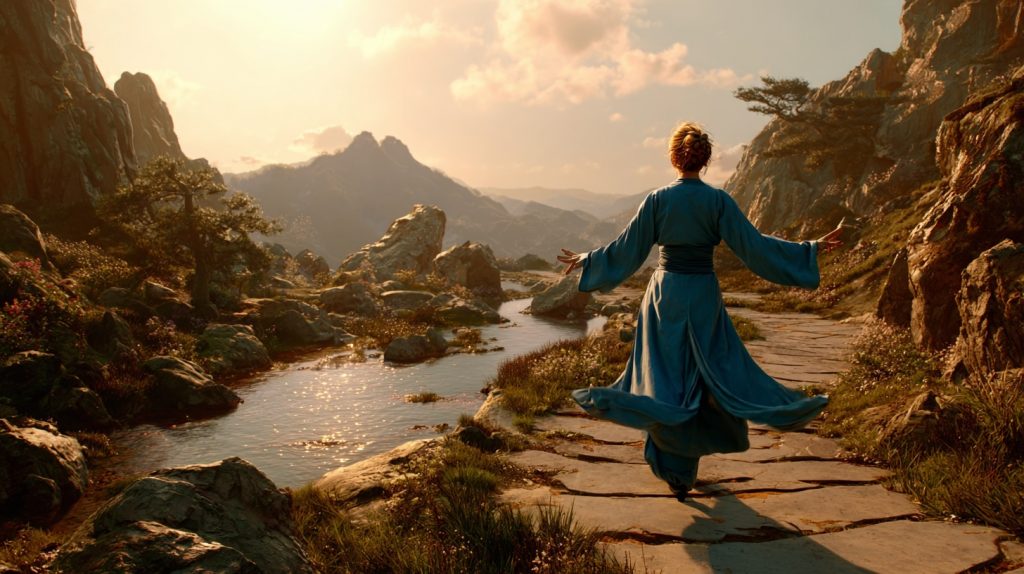 Pratique du Qi Gong dans la nature au coucher du soleil, femme en tenue bleue méditant face aux montagnes et à une rivière"
